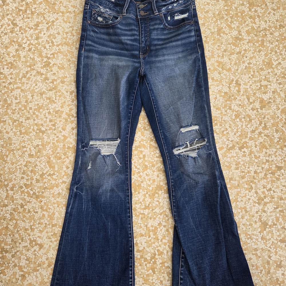 Buckle High Rise Flare Jeans in Dark Blue